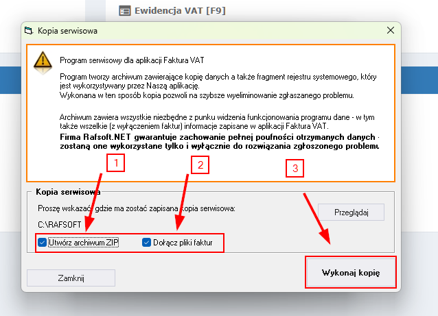 Zaznaczone opcje Utwórz archiwum ZIP i Dołącz pliki faktur oraz przycisk Wykonaj kopię