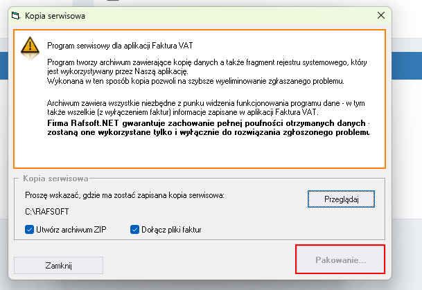 Trwa pakowanie kopii serwisowej do pliku ZIP