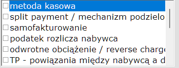 Zakładka Numer, daty — lista Sposób rozliczenia (JPK, KSeF) z checkboxami: metoda kasowa, split payment / mechanizm podzielonej płatności, samofakturowanie, podatek rozlicza nabywca, odwrotne obciążenie / reverse charge, TP - powiązania między nabywcą a dostawcą