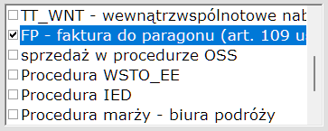 Zakładka Numer, daty — lista Sposób rozliczenia (JPK, KSeF) z zaznaczonym checkboxem FP - faktura do paragonu (art. 109 u...), poniżej opcje sprzedaż w procedurze OSS, Procedura WSTO_EE, Procedura IED, Procedura marży - biura podróży