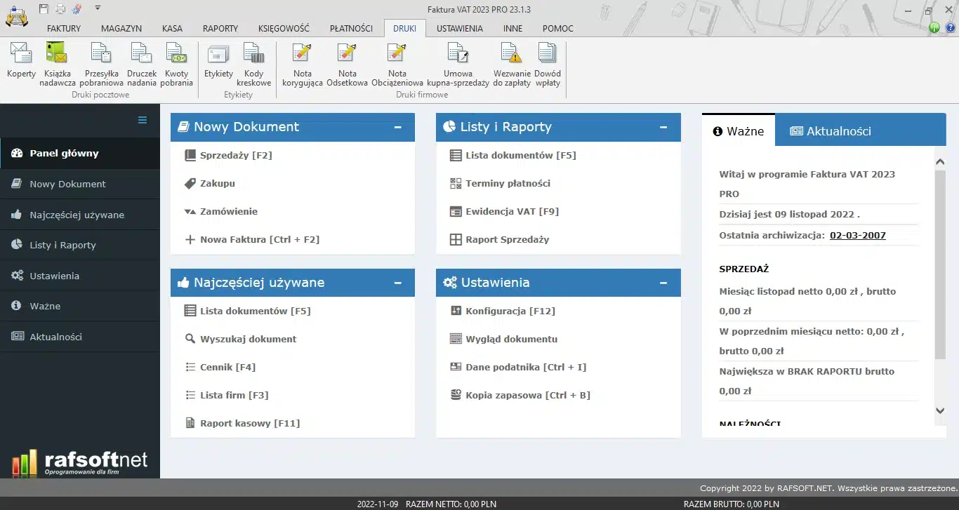 Druki – widok zakładki