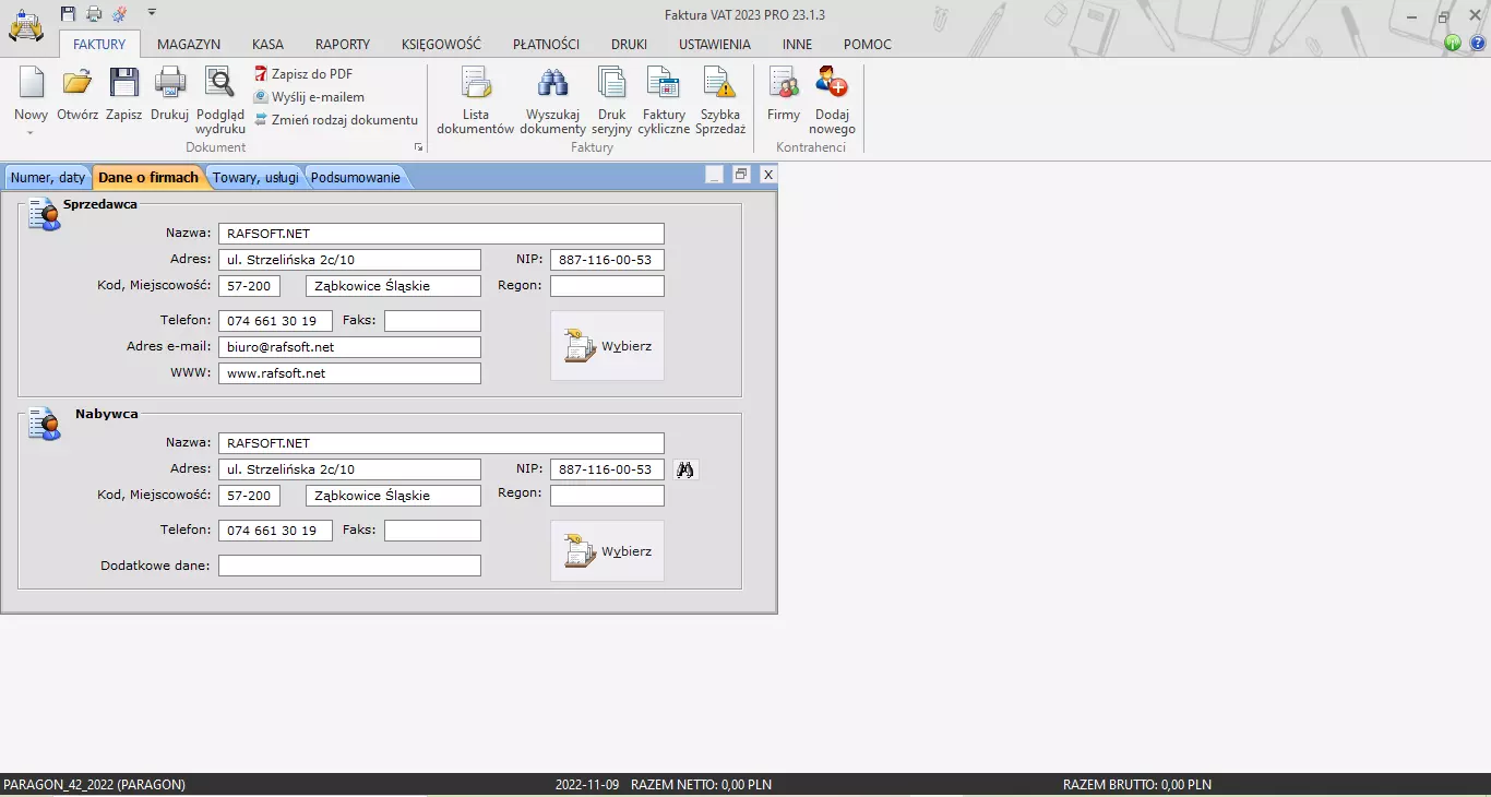 Dane firmy na fakturze