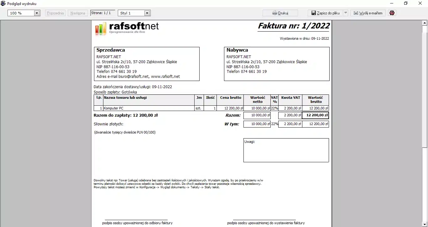 Podgląd wydruku – styl 1