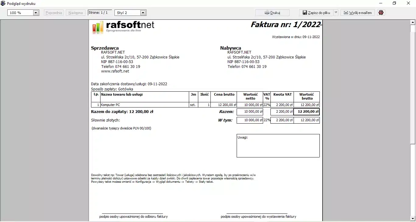 Podgląd wydruku – styl 2