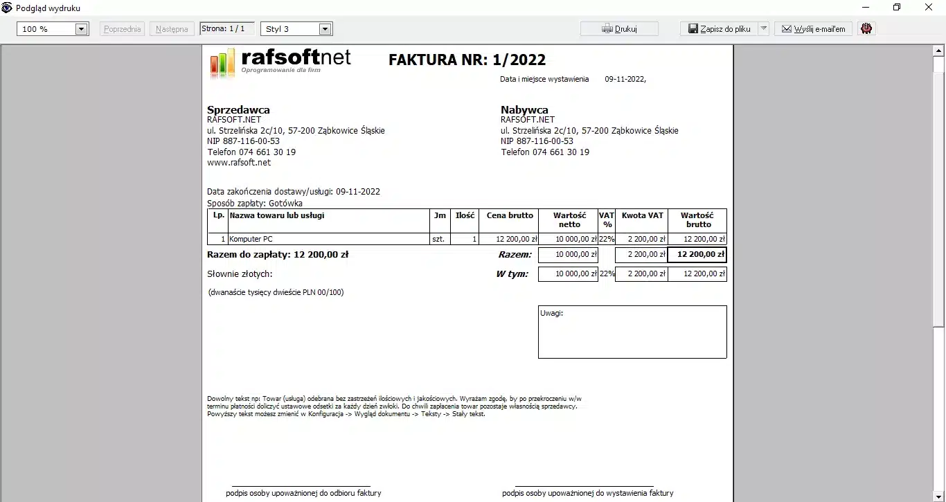Podgląd wydruku – styl 3