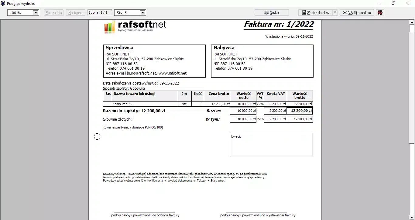 Podgląd wydruku – styl 5