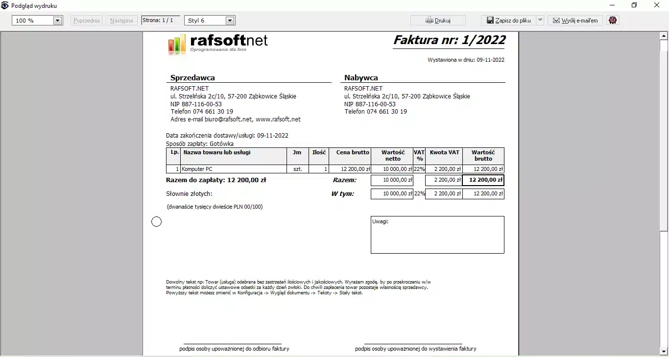 Podgląd wydruku – styl 6