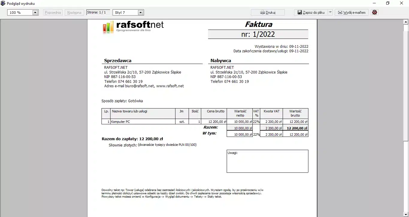 Podgląd wydruku – styl 7