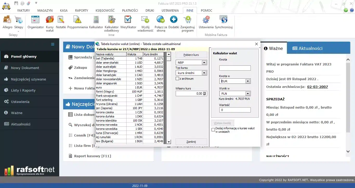 Tabela kursów walut