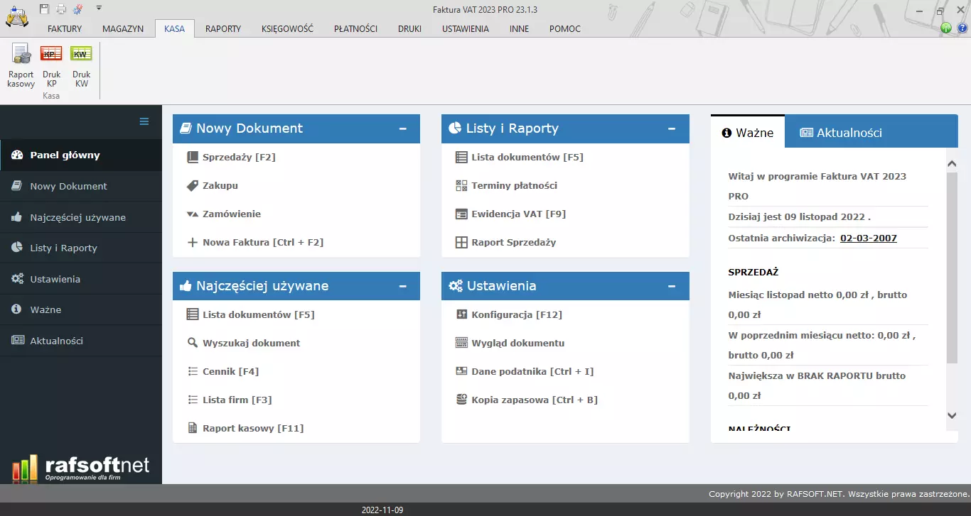 Kasa – widok zakładki