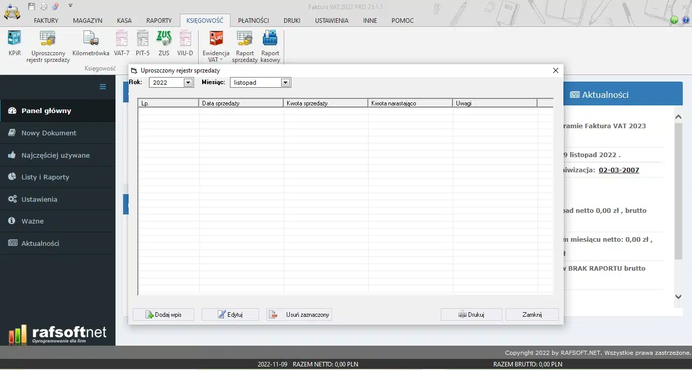 Uproszczony rejestr sprzedaży
