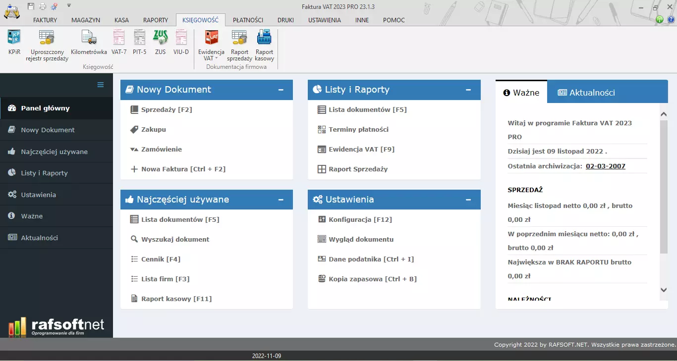 Księgowość – widok zakładki