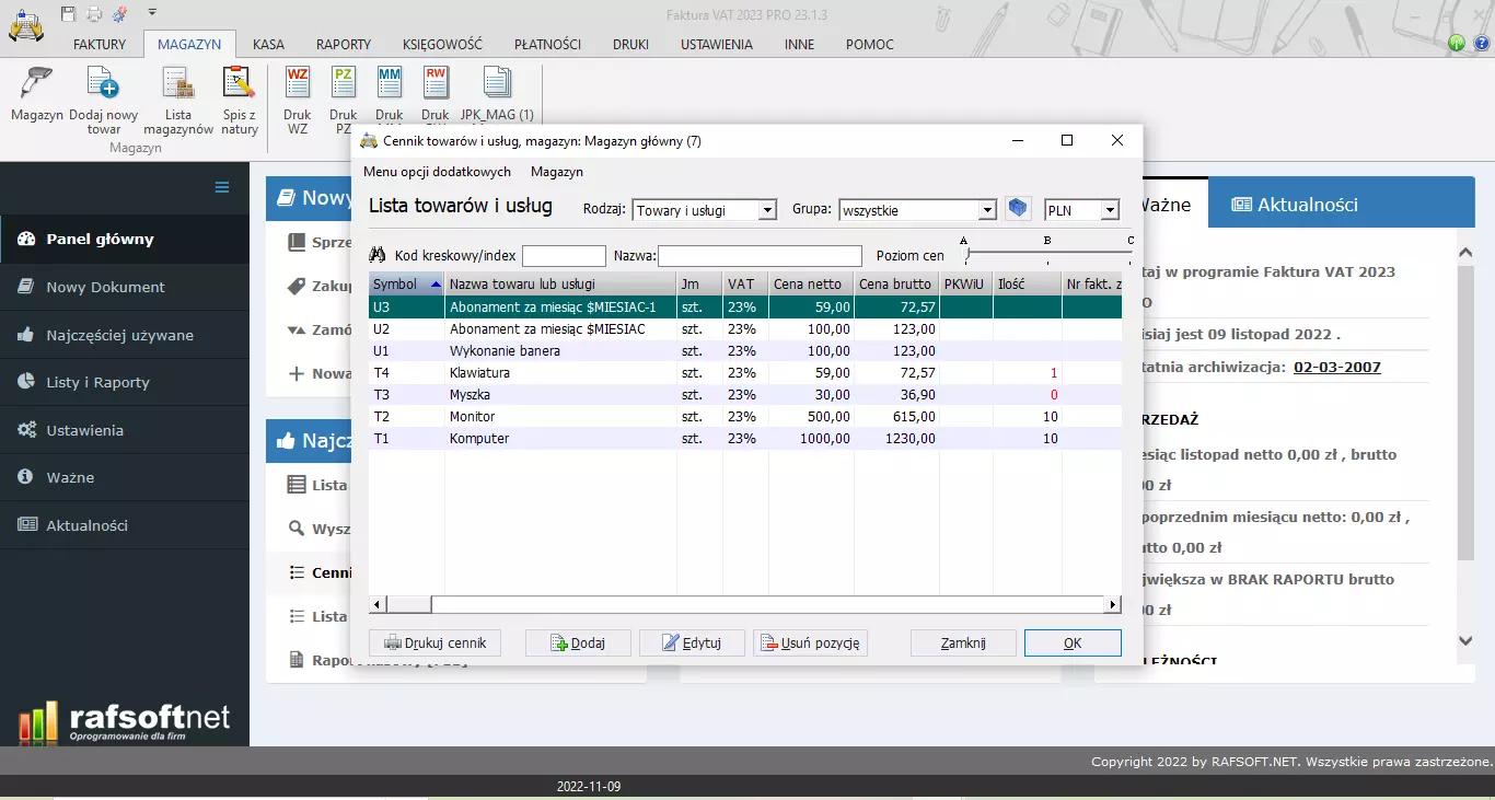 Cennik towarów i usług