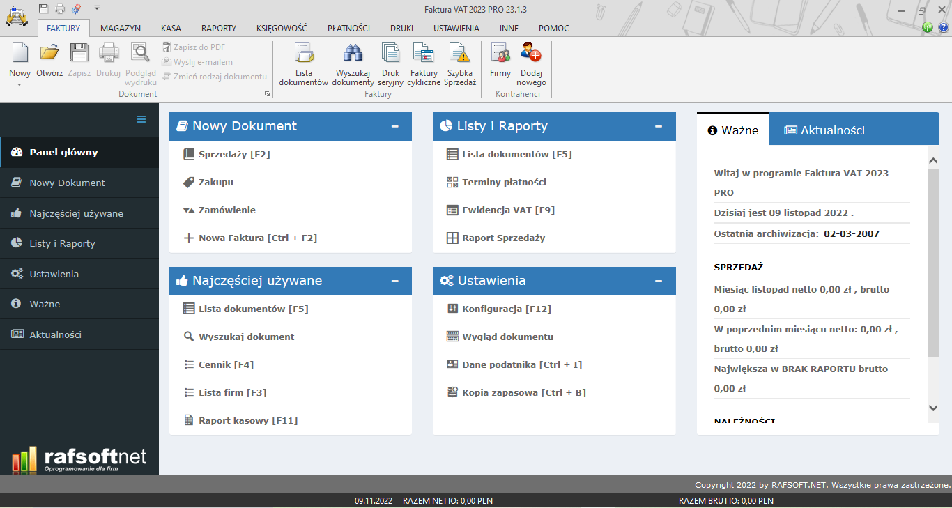 Panel główny programu