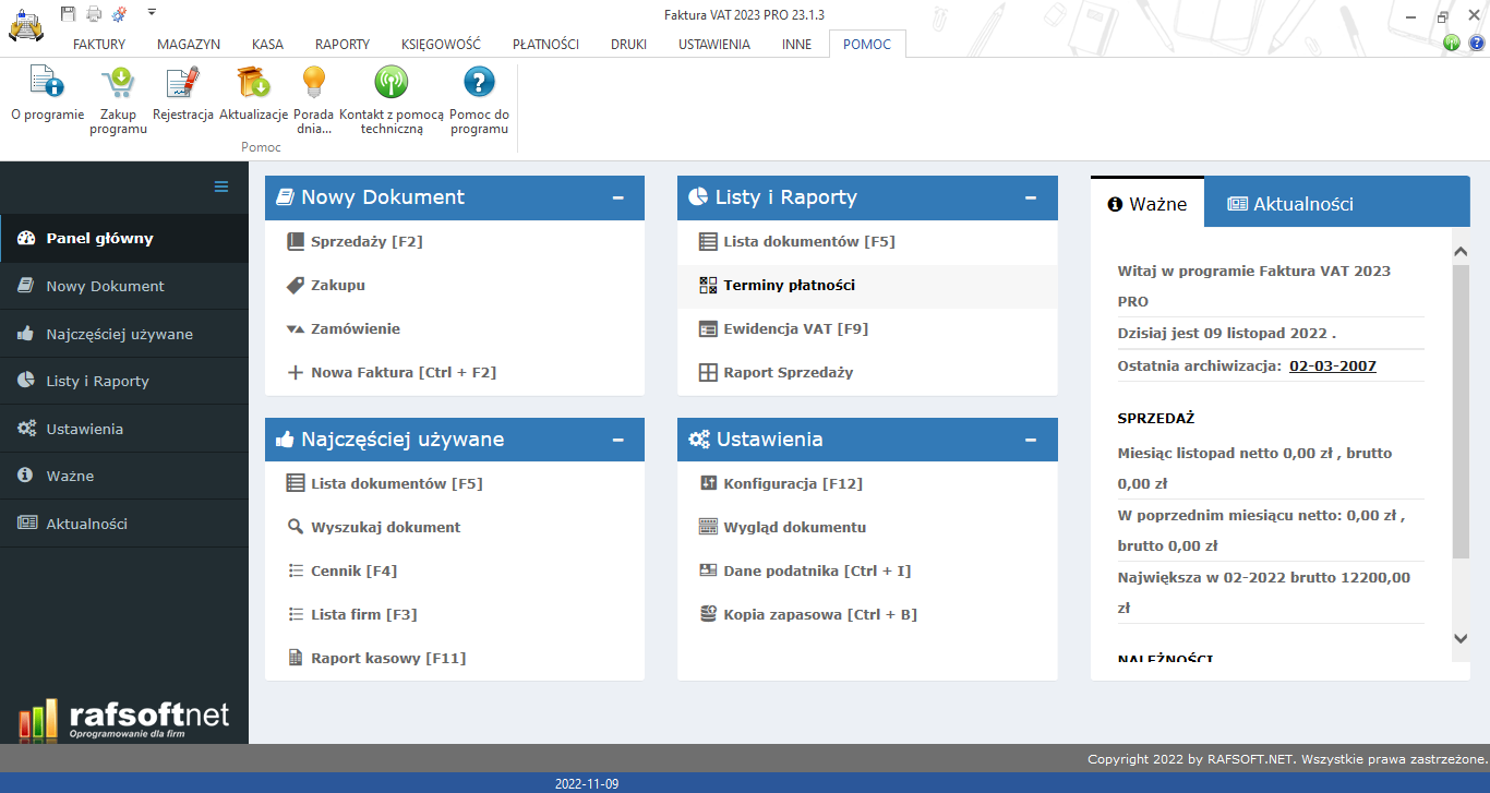 Pomoc – widok zakładki
