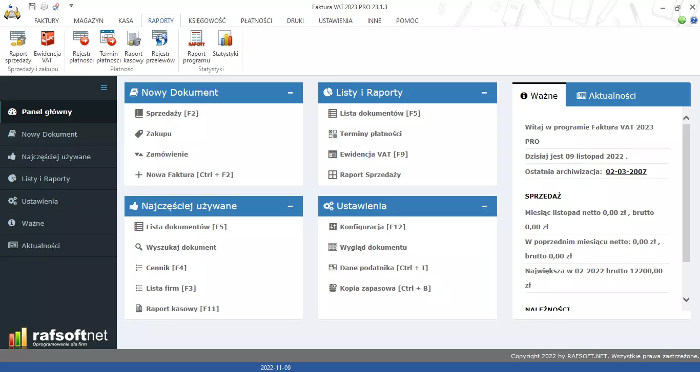 Raporty – widok zakładki