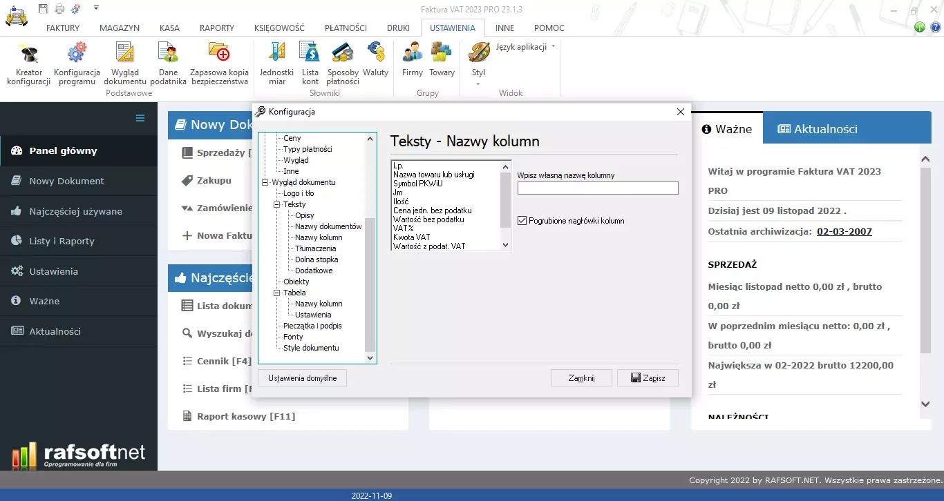 Teksty – nazwy kolumn
