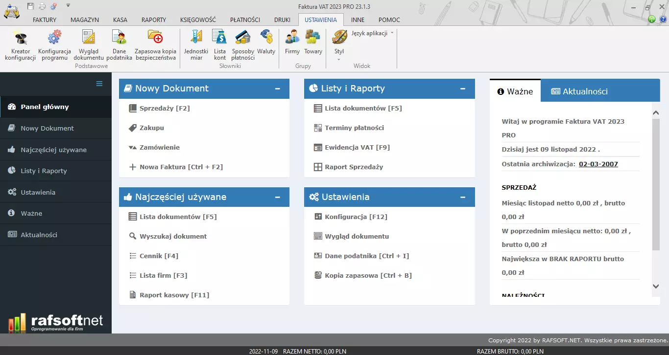 Ustawienia – widok zakładki