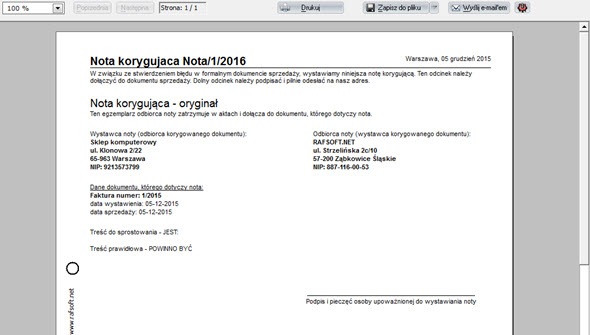 Letterhead prints - Correction note - VAT invoices software