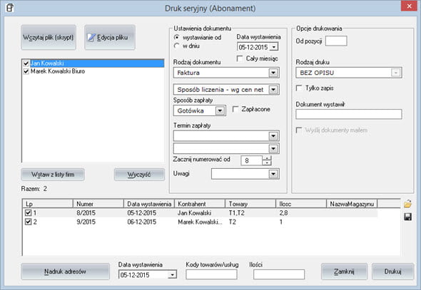 Serial printing - Invoicing software