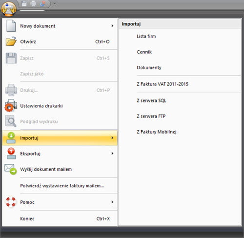 Program components - Program menu - Program invoicing program